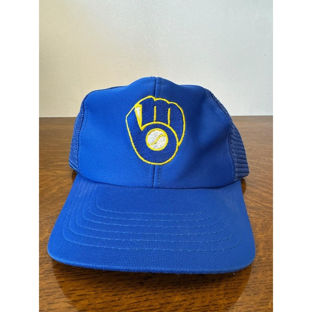 Vintage Milwaukee Brewers Hat Cap Snap Mens Medium Blue Mesh MLB Baseball‎ 80s